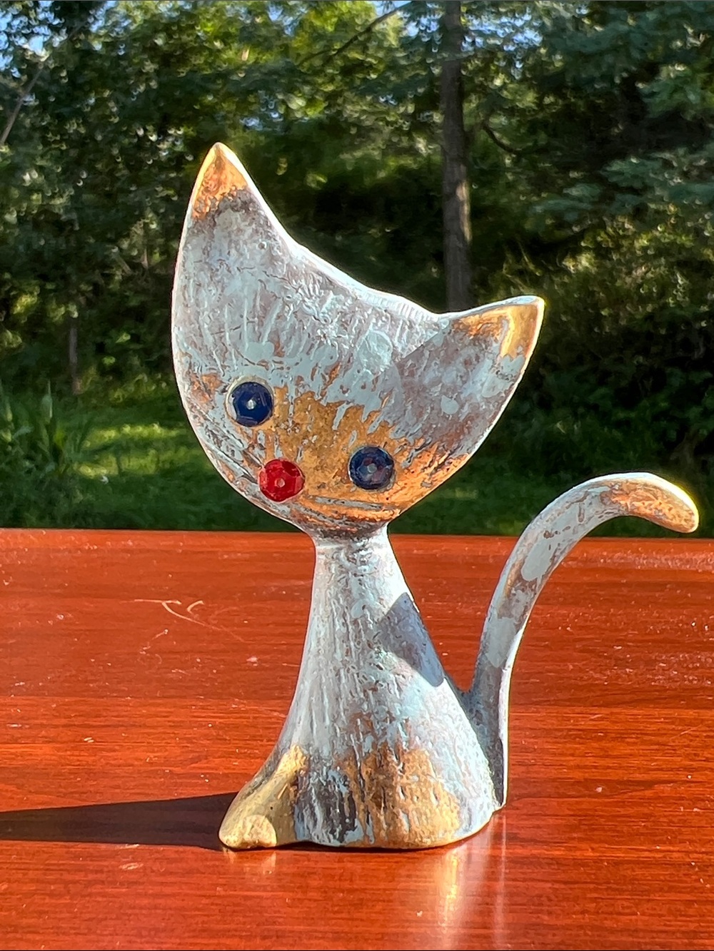 Vintage MCM Kitsch Sequin Eye Blue Gold Solid Brass Small Kitty Cat Figurine